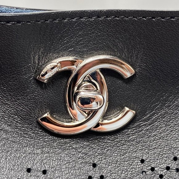 Chanel Black Logo Eyelets Shopping Tote Perforated Calfskin with Silver Hardware - Picture 7 of 14